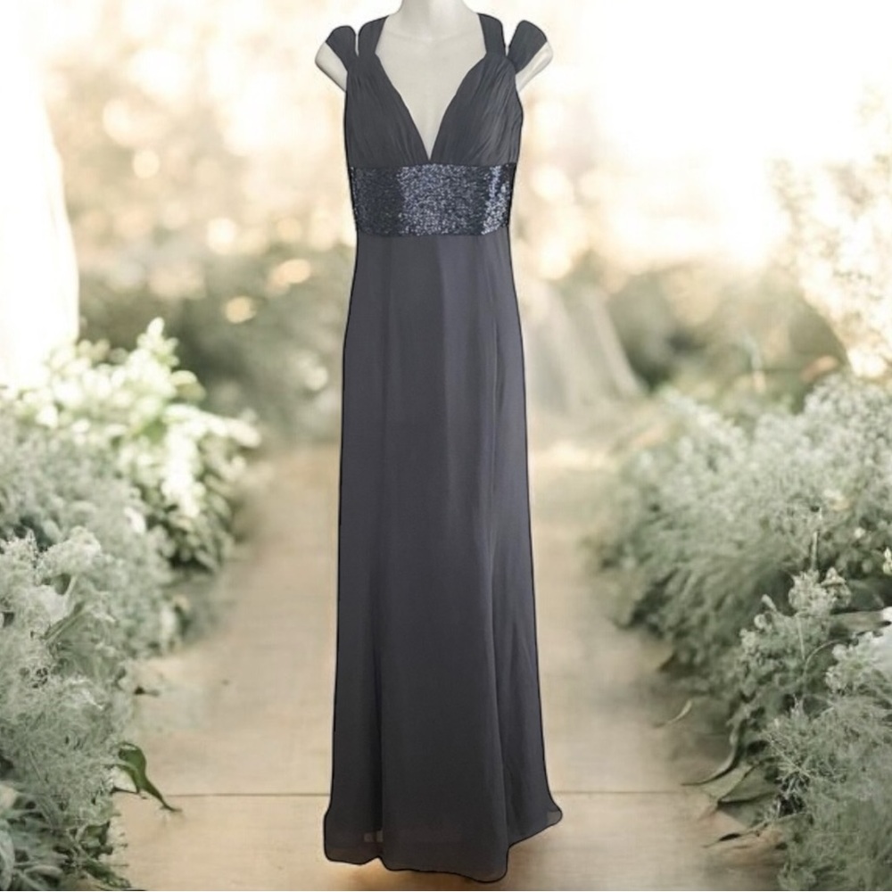 basix ii gray black silver sequin prom pageant wedding black tie gown dress XS/S